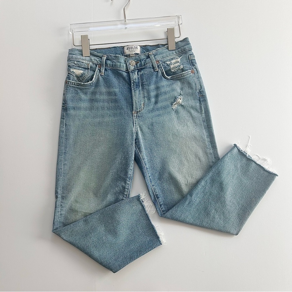 Agolde Sophie Denim Jeans High Rise Cropped Raw Hem Destruct Blue Womens Size 27 - Picture 6 of 16